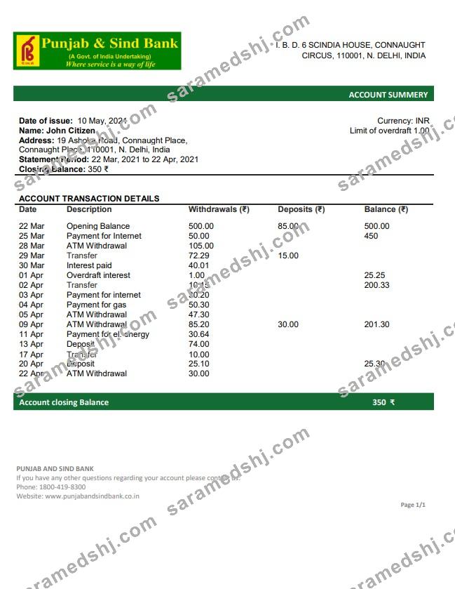 India Punjab and Sind Bank statement